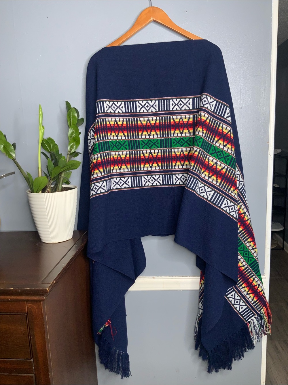 Navy Aztec-Pattern Fringe Poncho - Women's Accessory - Picture 4 of 11